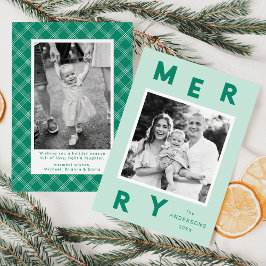 Moderne Merry Letters Mint & Groen 2 Foto Feestdagenkaart