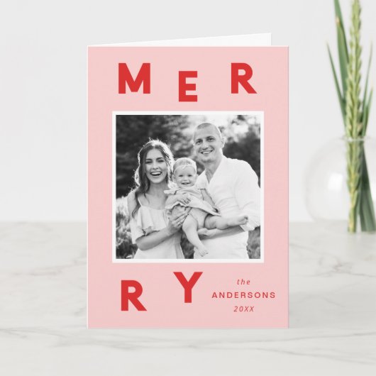 Moderne Merry Letters roze & Red 2 foto Feestdagen Kaart (Voorkant)