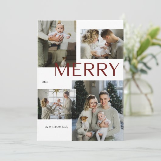 Moderne Merry Multi Foto Botanische Waterverf Feestdagenkaart (Staand voorkant)