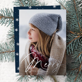 Moderne Merry Signature Script Navy Foto Folie Feestdagenkaart