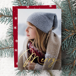 Moderne Merry Signature Script Rode Foto Folie Feestdagenkaart