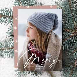 Moderne Merry Signature Script Stof Roze Foto Feestdagenkaart