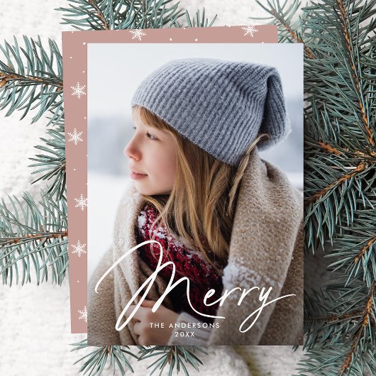 Moderne Merry Signature Script Stof Roze Foto Feestdagenkaart