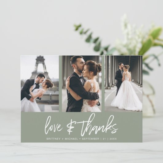 Moderne met de hand beletterde fotocollage Sage Gr Bedankkaart (Staand voorkant)
