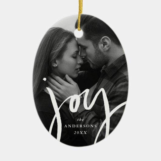 Moderne met de hand gebriefte Joy Photo Holiday Keramisch Ornament (Voorkant)