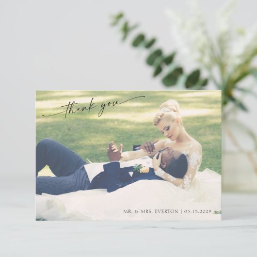 Moderne met de hand geschreven foto bruiloft bedan bedankkaart (Staand voorkant)