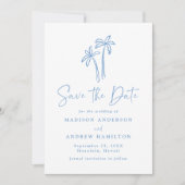 Moderne met de hand getekende blauwe palmbomen fot save the date (Voorkant)