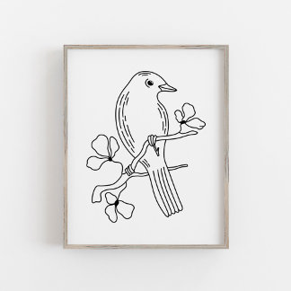 Moderne met de hand getekende lijnkunst vogelillus poster