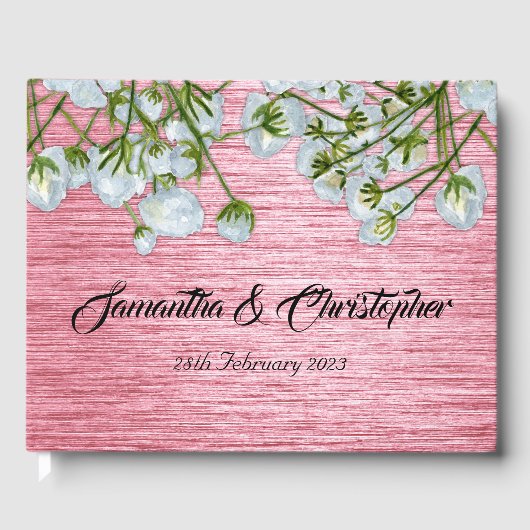 Moderne metaalroze en witte rozen bruiloft gastenboek (Voorkant)