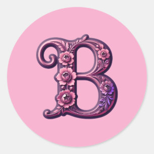 Moderne Metalen Rosemaling Letter B, Roze/Paars Ronde Sticker