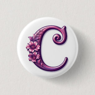 Moderne Metalen Rosemaling Letter C, Roze/Paars Ronde Button 3,2 Cm