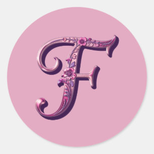 Moderne Metalen Rosemaling Letter F, Roze/Paars Ronde Sticker