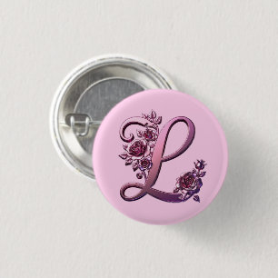 Moderne Metalen Rosemaling Letter L, Roze/Paars Ronde Button 3,2 Cm