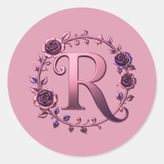 Moderne Metalen Rosemaling Letter R, Roze/Paars Ronde Sticker