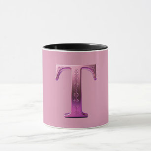 Moderne Metalen Rosemaling Letter T, Roze/Paars Mok