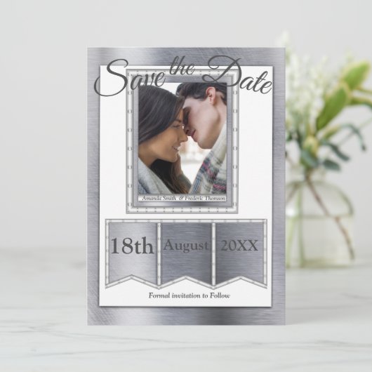 Moderne metalen textuur save the date (Staand voorkant)