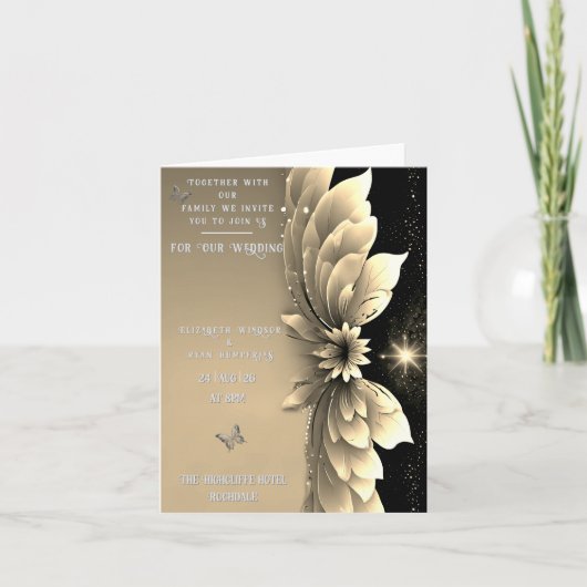 Moderne Metallic Gouden Bloemen Huwelijksuitnodigi (Voorkant)