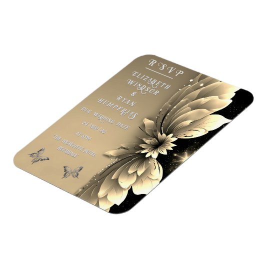 Moderne Metallic Gouden Bloemen Huwelijksuitnodigi Magneet (Linkerzijde)
