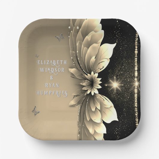 Moderne Metallic Gouden Bloemen Huwelijksuitnodigi Papieren Bordje (Voorkant)