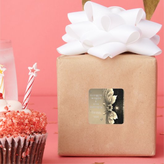 Moderne Metallic Gouden Bloemen Huwelijksuitnodigi Vierkante Sticker (Feest)