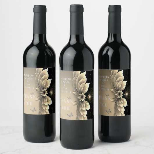 Moderne Metallic Gouden Bloemen Huwelijksuitnodigi Wijn Etiket (Flessen)