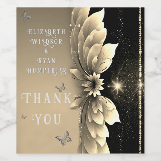 Moderne Metallic Gouden Bloemen Huwelijksuitnodigi Wijn Etiket (Enkel label)