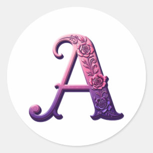 Moderne Metallic Rosemaling Letter A, Roze/Paars Ronde Sticker