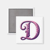 Moderne Metallic Rosemaling Letter D, Roze/Paars Magneet (Voorkant / Achterkant)