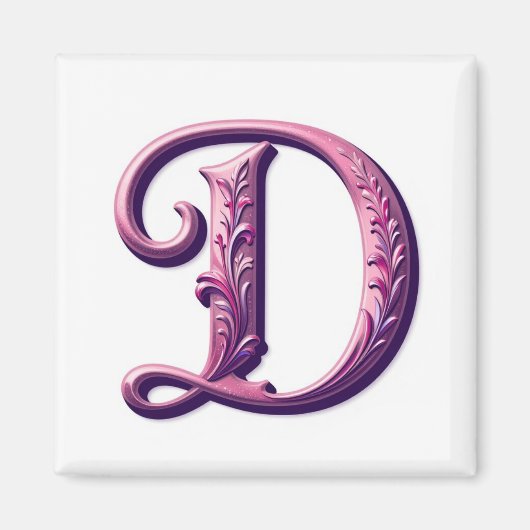 Moderne Metallic Rosemaling Letter D, Roze/Paars Magneet (Voorkant)