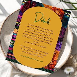 Moderne Mexicaanse bloemen bruiloft gele details Informatiekaartje