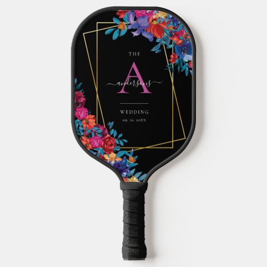 Moderne Mexicaanse Fiesta Bloemen Zwart Bruiloft Pickleball Paddle (Voorkant)