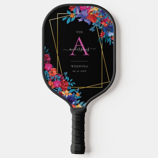 Moderne Mexicaanse Fiesta Bloemen Zwart Bruiloft Pickleball Paddle (Achterkant)