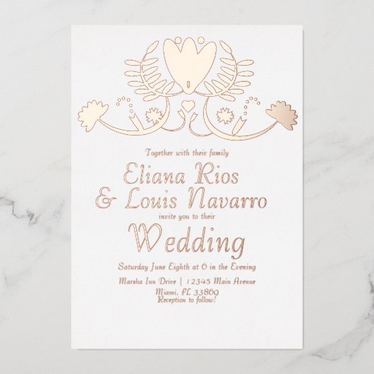 Moderne Mexicaanse Folk Floral Heart Wedding geper Folie Uitnodiging (Voorkant)