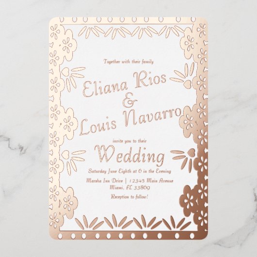 Moderne Mexicaanse papel Picado Gold Weddenschap g Folie Uitnodiging (Voorkant)