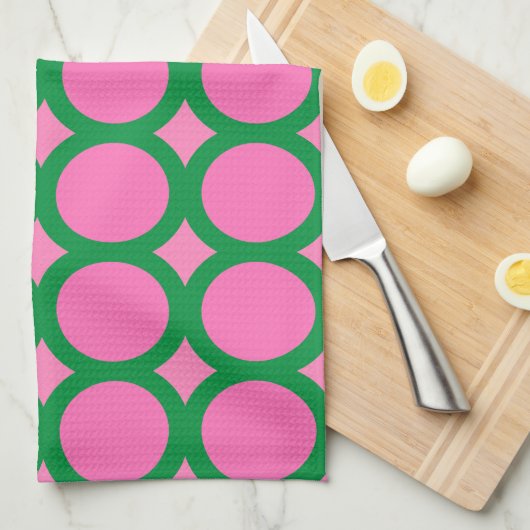 Moderne Mid Century Groene & Roze Geometrische Vor Theedoek (Quarter Fold)
