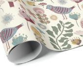 Moderne Mid Century Vogels en Bloemen Patroon Cadeaupapier (Rol Hoek)