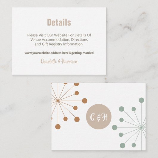 Moderne Mid Eeuw Atomische Starburst Bruiloft Encl Informatiekaartje (Voorkant / Achterkant)