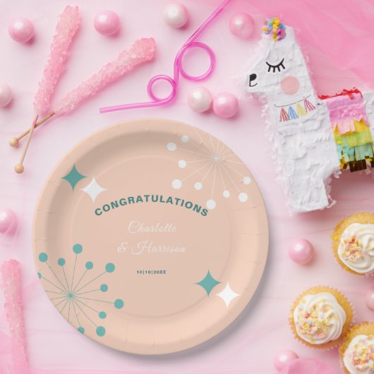 Moderne Mid Eeuw Atomische Starburst Bruiloft Rond Papieren Bordje (Feest)