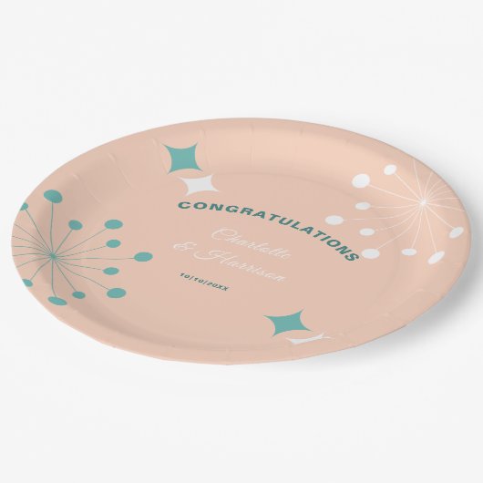 Moderne Mid Eeuw Atomische Starburst Bruiloft Rond Papieren Bordje (Gekanteld)