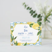 Moderne Middellandse Zee Blauw en Lemons sparen de Aankondigingskaart (Staand voorkant)