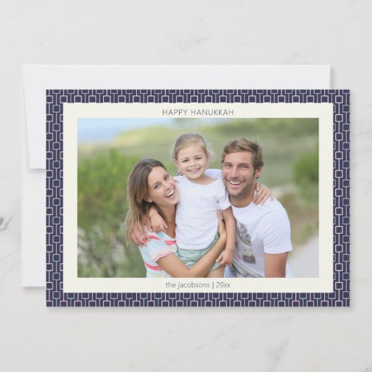 Moderne Midden-Eeuw Blauwe Geometrische Hanukkah F Feestdagenkaart (Voorkant)