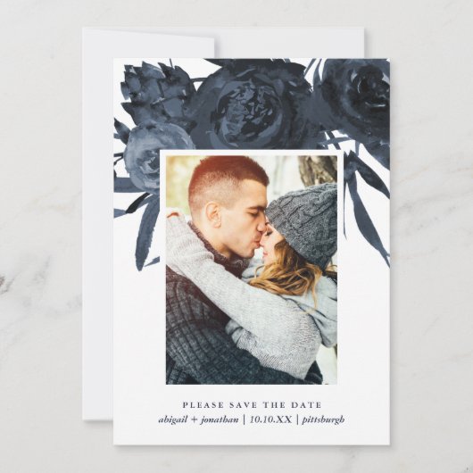 Moderne Midnight Blue Floral-foto Bewaar de datum Save The Date (Voorkant)