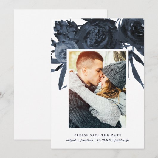 Moderne Midnight Blue Floral-foto Bewaar de datum Save The Date (Voorkant / Achterkant)