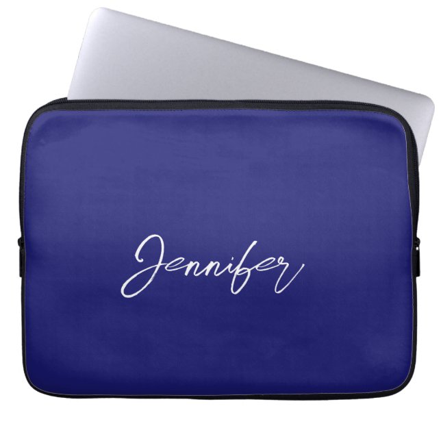 Moderne Midnight Blue Plain Unieke Handschrijfnaam Laptop Sleeve (Voorkant)
