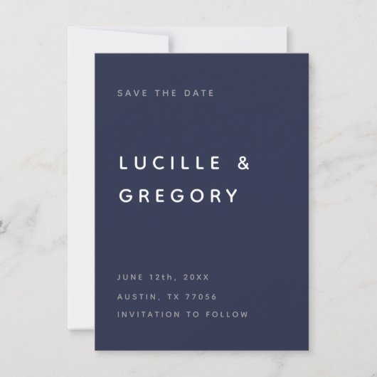 Moderne Midnight Blue Redactioneel Kleine Letters Save The Date (Voorkant)