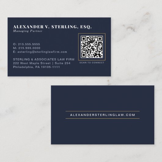 Moderne Midnight Navy Goud QR Code Professioneel Visitekaartje (Voorkant / Achterkant)
