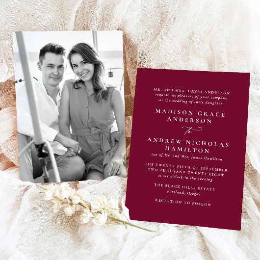 Moderne minieme Bourgundy-fotobruiloft Kaart