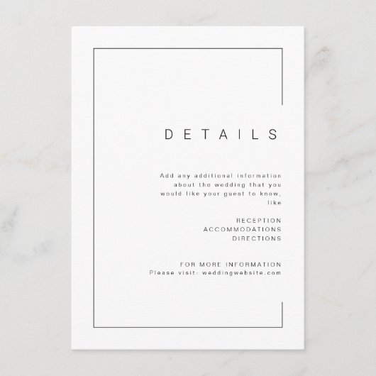 Moderne minieme details van fotobruiloft informatiekaartje (Voorkant)