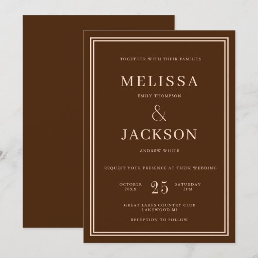 Moderne minieme eslegante klassieke bruine bruilof kaart (Voorkant / Achterkant)