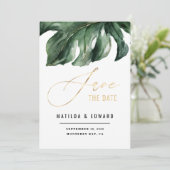 Moderne minieme goudbruiloft met palmblad aankondiging (Staand voorkant)